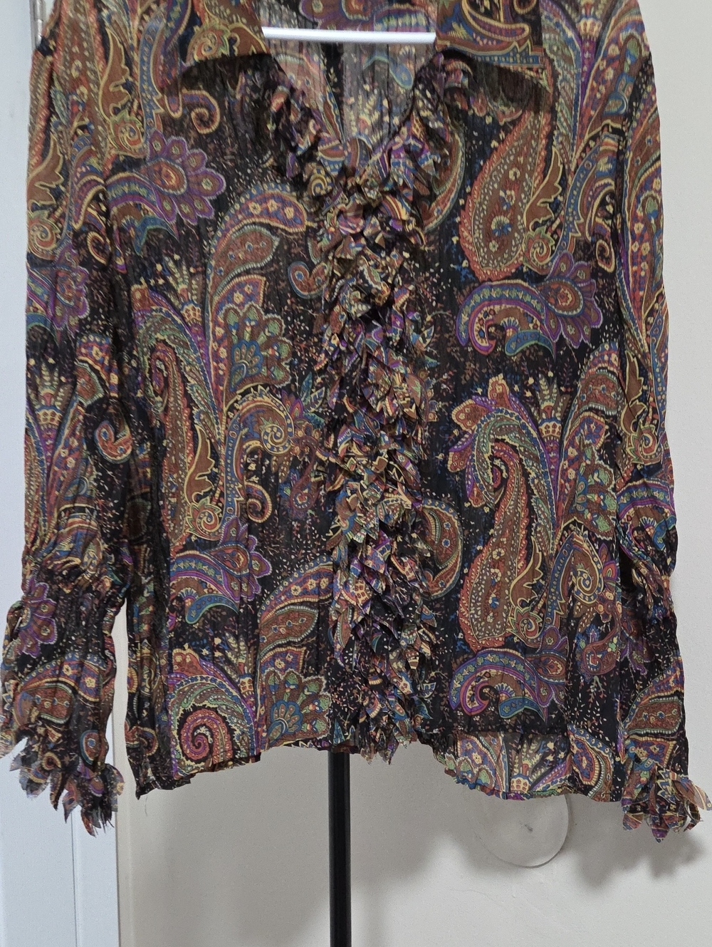 Womens Paisley Ruffle Button-Front Top - Brown Multi - Picture 3 of 6
